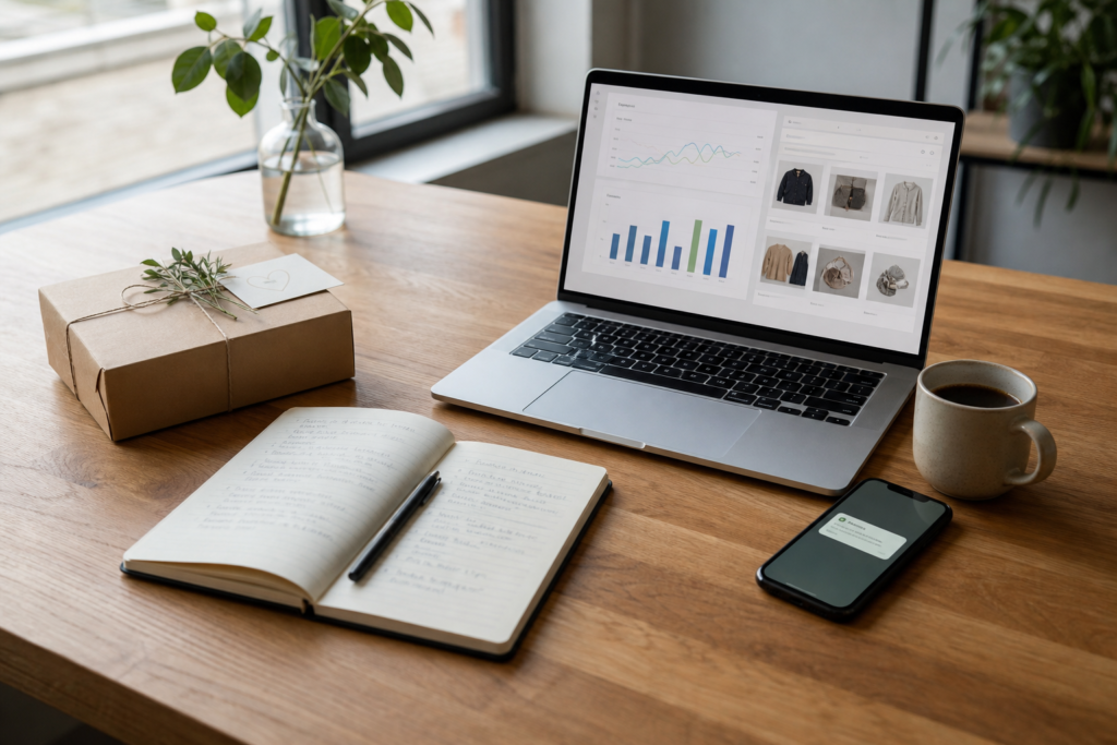 Person sitter framför laptop och granskar e-handelsbutik med försäljningsstatistik och grafer