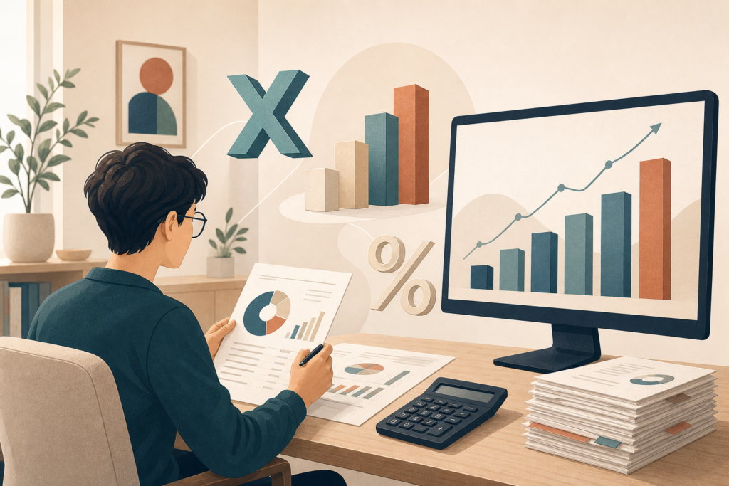Analytiker vid skrivbord som räknar på EBITDA och företagsvärdering, illustration