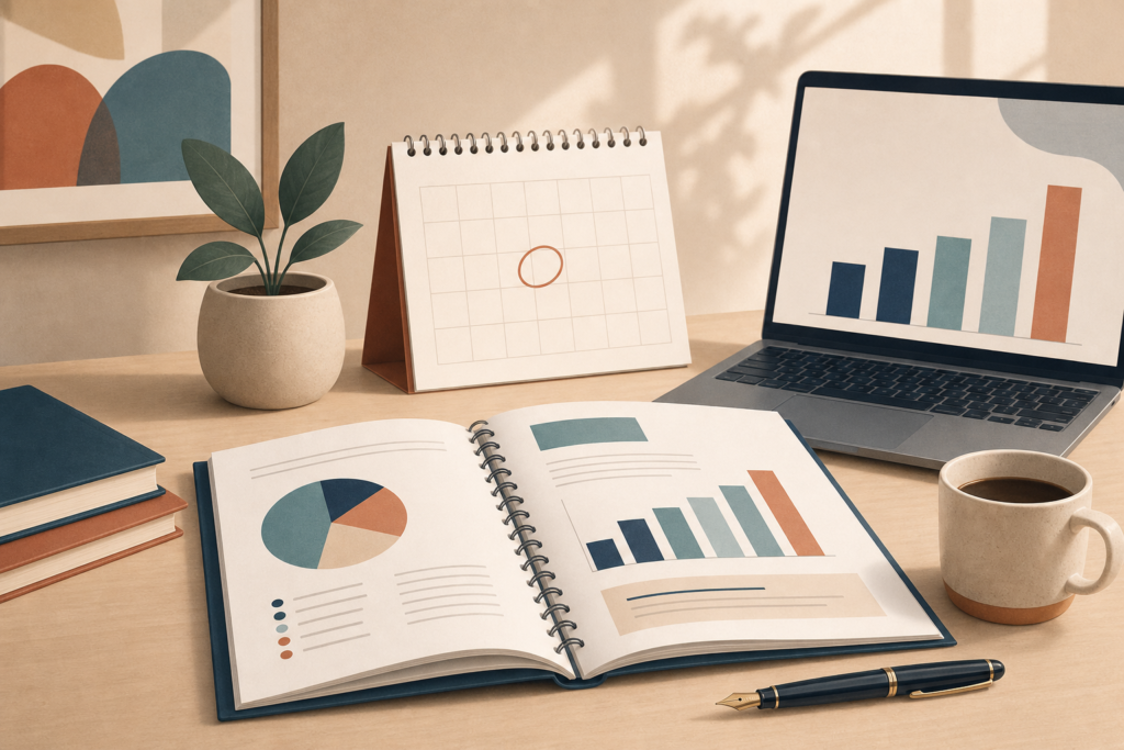 Skrivbord med årsredovisning, kalkylator och kalender, illustration i editorial stil