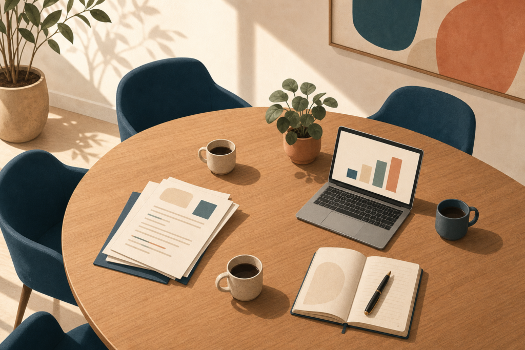 Styrelse i aktiebolag 2026, illustration av mötesbord med kaffekoppar, anteckningsblock och laptop