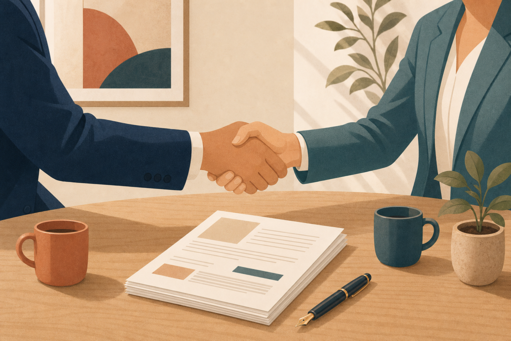 Avsiktsförklaring LOI 2026, illustration av två personer som skakar hand över ett skrivbord med kontraktsdokument och penna