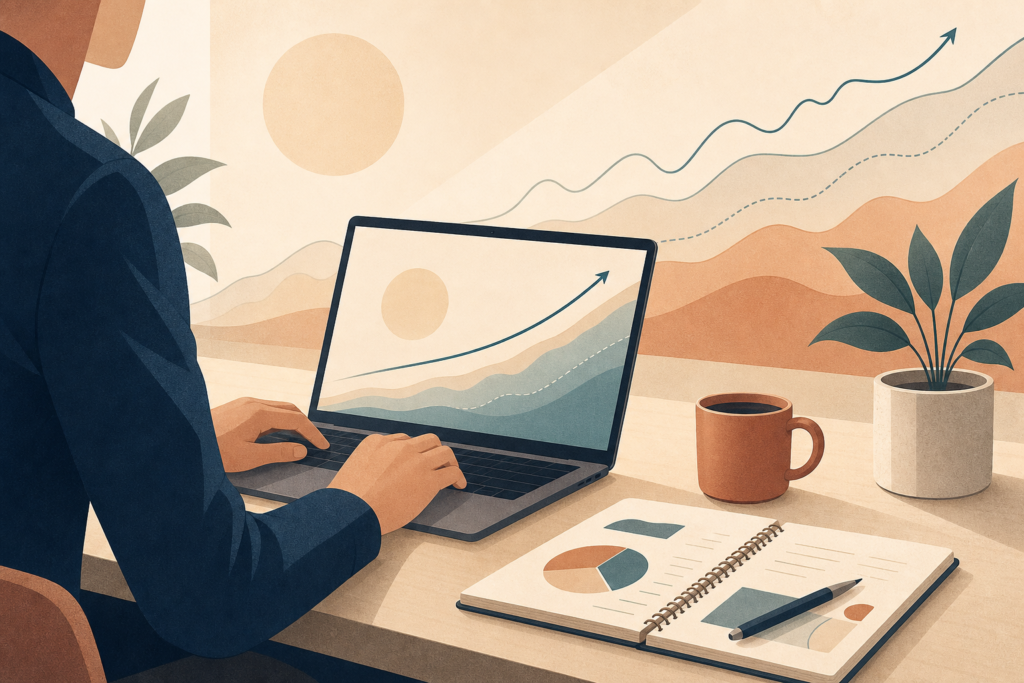 DCF-modell 2026, illustration av en analytiker vid ett skrivbord som räknar diskonterat kassaflöde på laptop och kalkylator med abstrakt tillväxtkurva