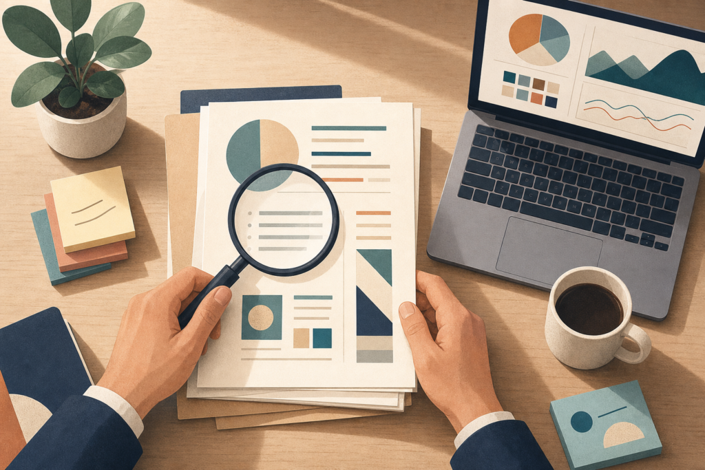Due diligence 2026, illustration av dokumentgranskning med förstoringsglas och laptop vid ett skrivbord för företagsanalys